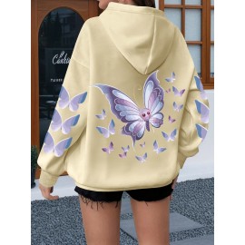 Women'S Butterfly Printed Hoodie, Casual Pullover with Slight Stretch, All Seasons, Polyester, 250g/m² Knit Fabric, Hooded Collar, Large Size