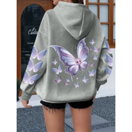 Women'S Butterfly Printed Hoodie, Casual Pullover with Slight Stretch, All Seasons, Polyester, 250g/m² Knit Fabric, Hooded Collar, Large Size