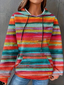Plus Size, Women's Plus Size Oversized Hoodie - Loose Fit Pullover Sweatshirt with Front Pocket & Drawstring Hood, Long Sleeve Casual Winter Sweater in Pink/Orange/Blue/Green/Teal/Orange/Red/ - Machine Washable Fall/Winter Clothing, Cozy Clothing, Striped Pattern, Soft Fabric, Streetwear Lovers