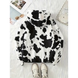 Women's Elegant Half-Zip Hooded Jacket, Plus Size Winter Warmth Coat with Full-Zip Front, Soft Fleece Lining, Animal Print (Cow/Sheep Design), Casual Outerwear, Cold Weather Wear, Stylish Outerwear, Zip-Up Coat