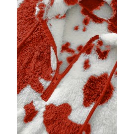Women's Elegant Half-Zip Hooded Jacket, Plus Size Winter Warmth Coat with Full-Zip Front, Soft Fleece Lining, Animal Print (Cow/Sheep Design), Casual Outerwear, Cold Weather Wear, Stylish Outerwear, Zip-Up Coat