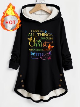 [Christian Faith Hooded Coat] Plus Size - Women's Plus Size Christian Faith Hooded Coat - Lined Hooded Sweatshirt With Bible Verse Print (John 15:5) & Christian Slogan, Casual Pullover For Fall/Winter, Soft Warm Winter Jacket, PLUS SIZE