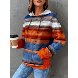 Plus Size - Women'S Plus Size Oversized Hoodie - Cozy Fall/Winter Sweatshirt with Drawstring Hood & Side Pockets, Blue/Orange/Red/Black/Gray Striped Pullover for Everyday & Formal Outfits - Casual Loose Fit Sweater, Sweater Hoodie, Autumn Winter Apparel, Comfortable Clothing, Texture, Stretchy Fabric, Durable Knitwear, Fall Fashion, Soft Texture, Hooded Sweater, Comfort Seekers
