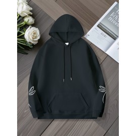 Plus Size, Women's Oversized White Dragonfly Print Hooded Sweatshirt - Long Sleeve Casual Pullover with Drawstring Hood & Kangaroo Pocket, Plus Size All-Season Comfort, Elegant White Sweater for Casual Attire, Machine Washable, Relaxed Fit with Stylish Dragonfly Back Print, Soft Fabric for Layering, Chic and Versatile Women's Fashion