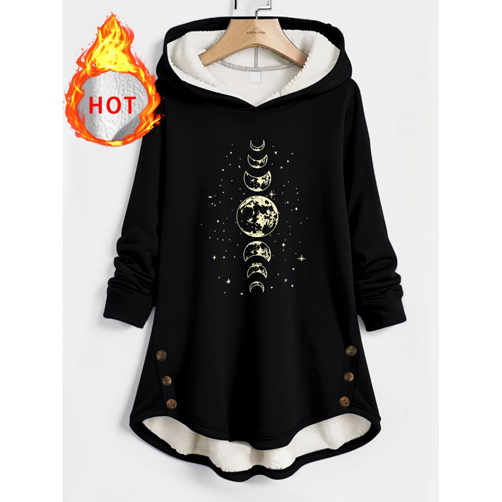 Plus Size - Women'S Oversized Hooded Coat - Winter Warmth with Lined Hood, Button Front Closure, Soft Lined Hooded Sweatshirt - Plus Size Friendly, Casual Outerwear For Fall & Winter (solid Color), Cozy Hoodie