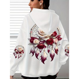 Plus Size - Women'S Plus Size Floral Print Hoodie - Soft, Comfortable Long Sleeve with Pockets, Casual Brown Pullover for All-Season Wear, Casual Wear Hoodie | Floral Print Hoodie | Soft Fabric Hoodie