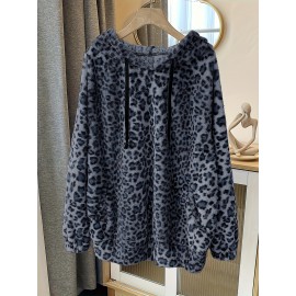 Plus Size Leopard Print Hoodie - Ultra-Soft Fleece Long Sleeve Drawstring Sweatshirt with Spacious Pockets for Women - Vibrant Print Design, Adjustable Fit, and Cozy Comfort