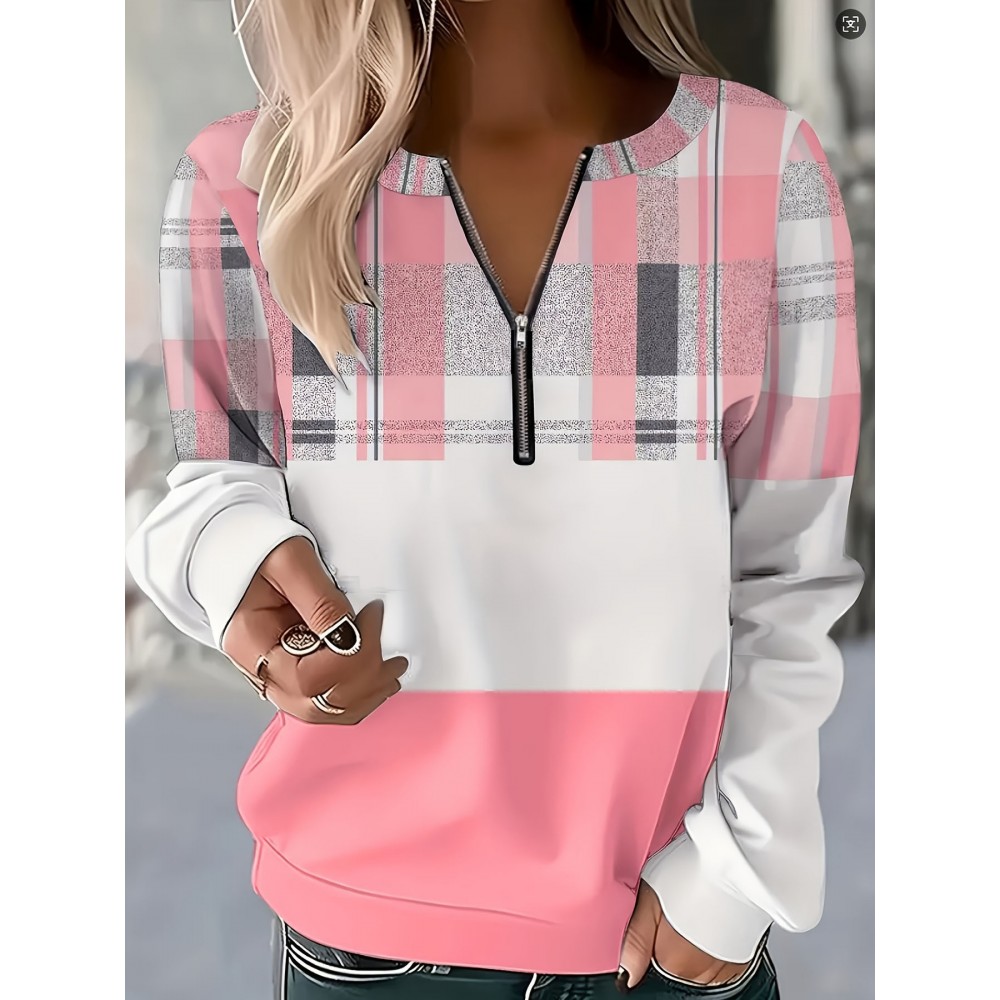 Plus Size, Plus Size Women's Casual Plaid Print Zip-Up Sweatshirt - Round Neck Long Sleeve Two-Tone Color Block (Pink & White) with Zipper Detail, Machine Washable All-Season Comfort