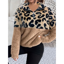 Plus Size, Winter Women's Fashion Double-Sided Polar Velvet Top with Leopard Print Long Sleeve Hoodie, Contrast Color Zipper Loose Casual Plus Size Pullover