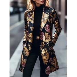 Plus Size, Women's & Burgundy Floral Blazer Jacket - Mid-Length Lapel Coat with Notch Collar, -Tone Pocket, Machine-Washable Winter Outerwear for, Weddings & Parties - Elegant Brown/Beige Trench Coat