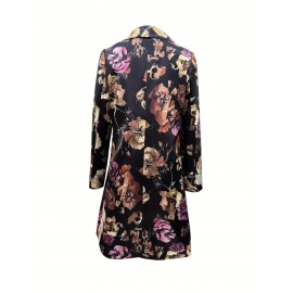 Plus Size, Women's & Burgundy Floral Blazer Jacket - Mid-Length Lapel Coat with Notch Collar, -Tone Pocket, Machine-Washable Winter Outerwear for, Weddings & Parties - Elegant Brown/Beige Trench Coat