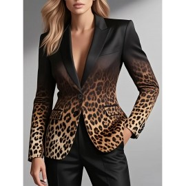 Plus Size - Women'S Elegant Leopard Print Blazer Jacket - Structured Lapel Collar, Tailored Fit with Chest Pocket, Warm BrownRed/Orange Gradient - Formal & Casual Outerwear for Office, Party, Everyday - Autumn/Winter Coat for Women - Stylish Leopard