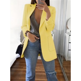 Plus Size Solid Elegant Lapel Long Sleeve Open Front Blazer for Office & Work, Women's Clothing