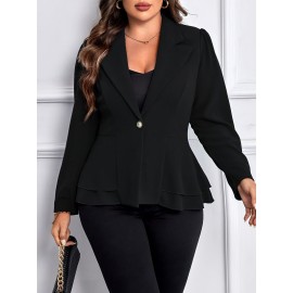 Plus Size Solid Color Single Breasted Lapel Elegant Long Sleeve Flare Hem Blazer For Work & Office