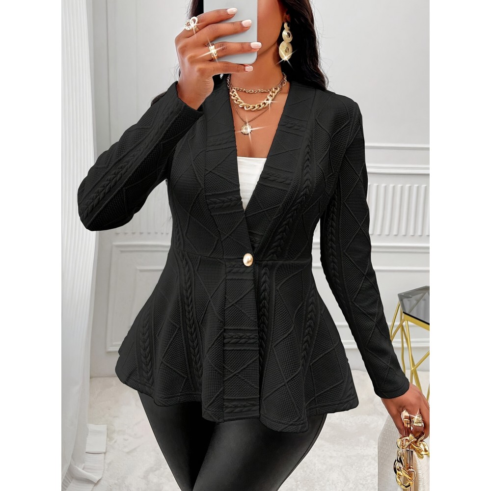Plus Size Elegant Solid Textured Single-Breasted Long Sleeve Blazer - Chic Office Wear, Flattering Fit, Comfortable Fabric, Versatile Style for Work and Daily Life - Women's Plus Size Clothing for Confidence