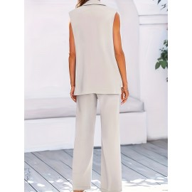 Plus Size Elegant Plain Suit Set, Single Breasted Sleeveless Vest & Straight Leg Pants Outfits, Women's Plus Size Clothing