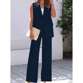 Stylish Plus Size Solid Color Elegant Suit Set - Women's Plus Size Clothing, Button Sleeveless Vest & Straight Leg Loose Pants for Work or Formal Occasions - Comfortable, Breathable, and Flattering
