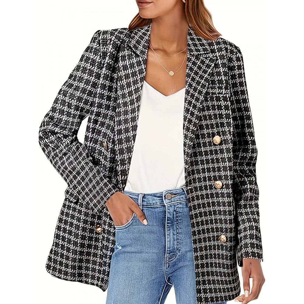 Elegant Plus Size Houndstooth Blazer for Women - 100% Polyester, Lapel Collar, Woven, Non-Stretch Fabric, All-Season, Regular Fit Adult Jacket