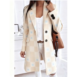 Plus-Size Women'S Winter Warm Collared Button- Long-Sleeve Coat Jacket with Navy & Plaid Print, Golden-Tone Lapel Collar & Chest Pocket - Casual to Semi-Formal Outerwear for Autumn & Winter, Durable Easy-Care Fabric (No Shrinkage) - Versatile Everyd