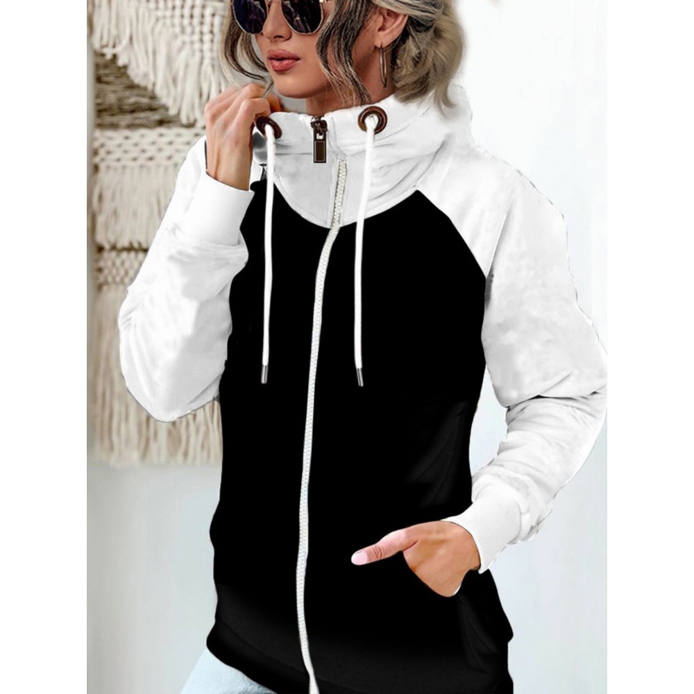 Women's Full-Zip Turtleneck Jacket - Winter Warm Coat with Pockets, Black & Brown Two-Tone Collar, Full-Zip Front Closure & Drawstring Hood-like Neckline, Casual Outerwear (Machine Washable) for Fall/Winter (No-Stretch Fabric), Womens Winter Jacket, Jacket For Women, Jackets For Women, Women Winter Jacket, Womens Jackets