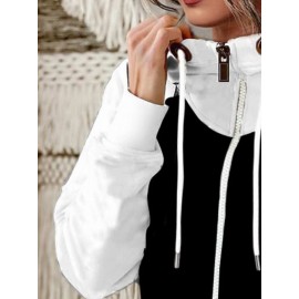 Women's Full-Zip Turtleneck Jacket - Winter Warm Coat with Pockets, Black & Brown Two-Tone Collar, Full-Zip Front Closure & Drawstring Hood-like Neckline, Casual Outerwear (Machine Washable) for Fall/Winter (No-Stretch Fabric), Womens Winter Jacket, Jacket For Women, Jackets For Women, Women Winter Jacket, Womens Jackets