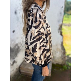 Women's Plus-Size Zebra Print Blazer Jacket - Full-Zip Front Closure, Golden-Tone Zipper & Black/White Stripes, All-Season Casual to Semi-Formal Outerwear, Machine Washable Tunic-like Jacket for Women (No Bulk, Structured Fit) - Medium Stretch Fabric, Full-Length Zipper, Chic & Versatile Design, Suitable for Layering or Standalone Wear, Plus-Size Friendly, Eye-Catching Zebra Stripe Jacket