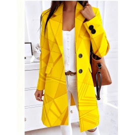 Plus-Size Women's Collar Button- Jacket - Winter-Ready Striped Coat with Chest Pocket, Wrinkle-Resistant Long Sleeve Blazer (Grey/Brown/Beige) for, Casual & Formal Events - Machine Washable Outerwear