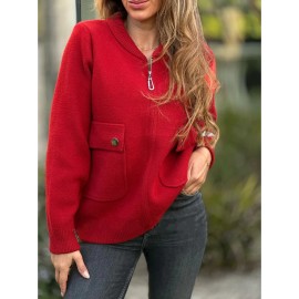 Plus Size Women'S Elegant Casual Fleece Blend Coat - Stand Collar Long Sleeve Jacket with Zipper Closure, Full-Zip Front, Chest Pocket & Structured Fit | Warm Winter Outerwear for Fall/Winter | Solid Color (RedNavy) | Versatile for Everyday & Semi-F