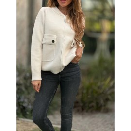 Plus Size Women'S Elegant Casual Fleece Blend Coat - Stand Collar Long Sleeve Jacket with Zipper Closure, Full-Zip Front, Chest Pocket & Structured Fit | Warm Winter Outerwear for Fall/Winter | Solid Color (RedNavy) | Versatile for Everyday & Semi-F