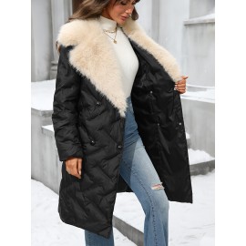 Plus Size - Women'S Plus Size Winter Coat - Thick Warm Long Jacket with Lapel Collar, Non-Stretch Fabric, Button Front Closure, Casual Elegant Outerwear For Fall & Winter (machine Washable) - Solid Color, Plus Size Winter Coats For Women