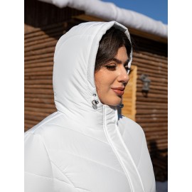 Women'S Plus Size Hooded Jacket, Casual Polyester 100% Woven Coat, Solid Color Fall/Winter Warm Windproof Outerwear with Pockets