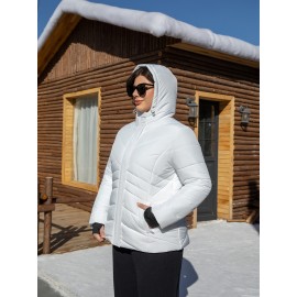 Women'S Plus Size Hooded Jacket, Casual Polyester 100% Woven Coat, Solid Color Fall/Winter Warm Windproof Outerwear with Pockets