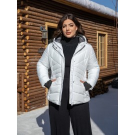 Women'S Plus Size Hooded Jacket, Casual Polyester 100% Woven Coat, Solid Color Fall/Winter Warm Windproof Outerwear with Pockets
