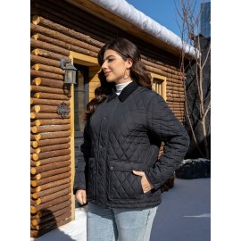 Women's Plus Size Casual Jacket - Warm, Solid Color with Pockets, Non-Stretch Polyester for Fall/Winter