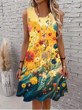 Women's Plus Size Tropical Floral Print Sleeveless A-Line Tank Dress - Vibrant Yellow to Blue Gradient, Lightweight Breathable Casual Summer Vacation Dress, Machine Washable, Casual Summer Dresses, Beach Attire, Gradientshaped Fashion, Easycare Fabric