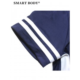 Faith Letter Women'S Striped Printed Casual Dress Side Slit Round Neck Short-sleeved Dress, Spring And Summer Casual WomenS Maxi Dress Striped Trim Split Thigh Longline Dress For Summer