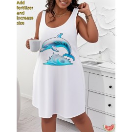 Plus Size Women'S Tops 100% Breathable Tank Dress with Dolphin Wave Print for Casual Wear, Plus Size Women'S Oversized Loose Fit Tank Dress, Large Size Womens Tops for Everyday Use