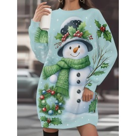 1pc Women'S Plus Size Christmas Snowman Print Sweatshirt Dress - Long Sleeve Crew Neck with Set-in Sleeves, All-Over Snowman & Holly Berry Print, Cozy Winter Fabric, Casual Holiday Party Outfit, Christmas Dress for Winter Celebrations & Casual Attir