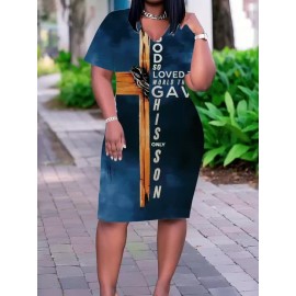 [Plus Size V-Neck Dress] Stretchy Fabric Plus Size Women's V-Neck Dress with Cross & Text Print - Casual Short Sleeve, Knee-Length for Leisure Outings, Comfortable Fit