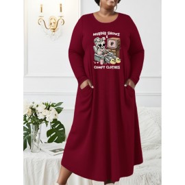 Women's Plus Size Murder Shows TV Show Graphic Dress - Cozy Long Sleeve Maxi Dress with Pocket, Crime Scene Tape Print & TV Character Design, Machine Washable Casual Winter Outfit for Fans, Loose Fit Round Neck H-Line Silhouette with Murder Mystery Theme, Autumn/Winter Wear, Relaxed Fit for Everyday Comfort, Comfortable Fabric, Durable Material