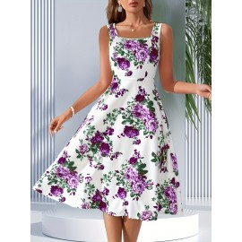 Women's Sleeveless Square Neck A-line Blue Floral Print, Spring/Summer Machine Washable, Moderately Stretchy Elegant A-line Cut, Suitable for Casual and Formal Occasions, Spring Fashion, Comfortable and Close-fitting, Non-transparent Fabric